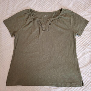 Talbots Plus‎ Women's 1X Olive Green Split Neck Lace Trim Short Sleeve Top